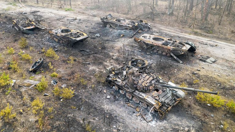 Destroyed Russian military vehicles on the outskirts of Kyiv, Ukraine. Pic: AP