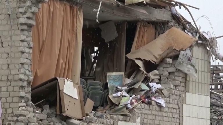 Footage released by the Ukrainian police shows a destroyed school, which is said to have been destroyed by Russian shelling.