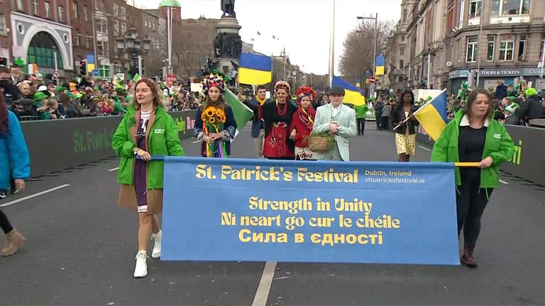 Members of the Ukrainian community in Ireland march on St Patrick&#39;s Day in Dublin.