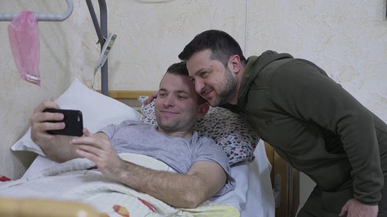 President Zelenskyy visits wounded soldiers in hospital in Ukraine.