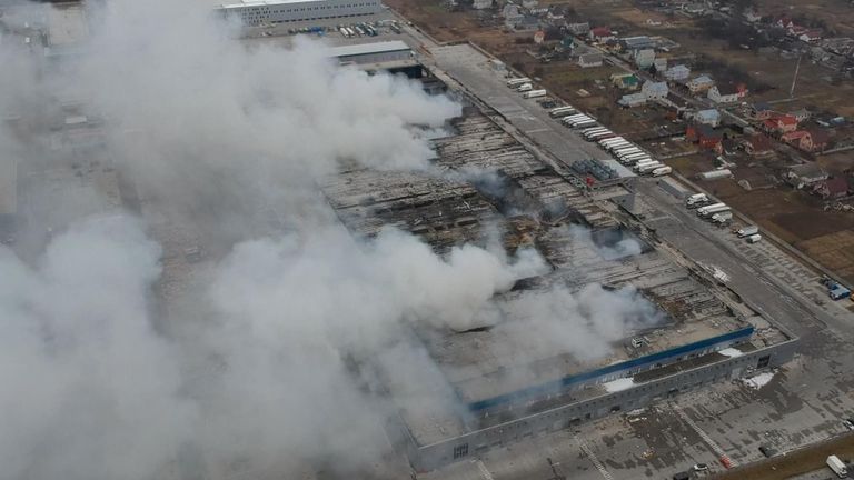 Smoke billows from food deport in Brovary, Ukraine