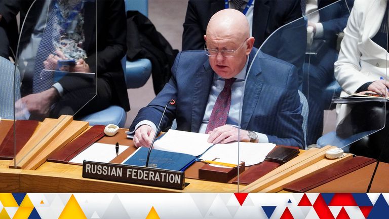 Russia&#39;s ambassador to the UN Vasily Nebenzya speaks at a United Nations Security Council meeting