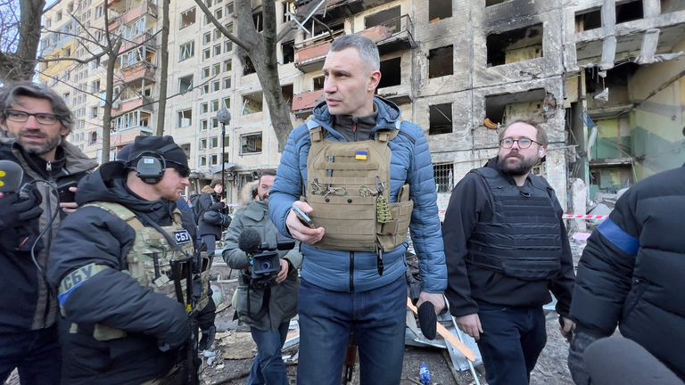 Vitali Klitschko, Kyiv Mayor and former heavyweight champion, centre, visits ruin of residential house hit by Russian fire in Kyiv, Ukraine, during the Russian invasion, as Russia invaded Ukraine on February 24, pictured on March 14, 2022. Photo/Pavel Nemecek (CTK via AP Images)

PIC:AP