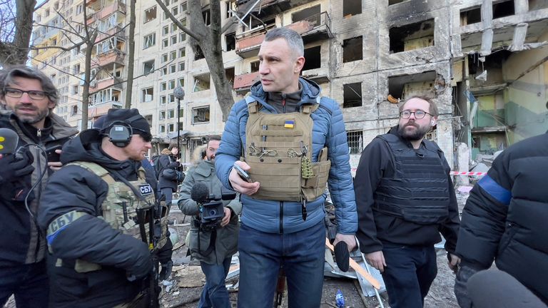 Vitali Klitschko, Mayor of Kyiv and former heavyweight champion, center, visits the ruins of a residential house ravaged by Russian fire in Kyiv, Ukraine, during the invasion of Russia, when Russia invaded Ukraine on February 24, image March 14, 2022. Photo / Pavel Nemecek (CTK via AP Image) PIC: AP