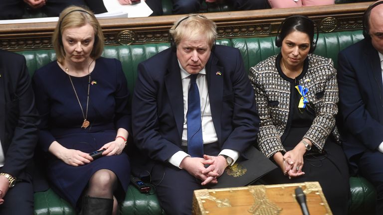(L-R) Liz Truss, Boris Johnson and Priti Patel listening to Mr Zelenskyy's address to the Commons. Pic: UK Parliament/Jessica Taylor