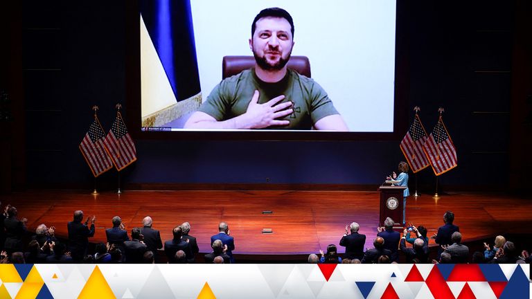 Ukrainian President Volodymyr Zelenskyy delivers a virtual address to Congress at the Capitol