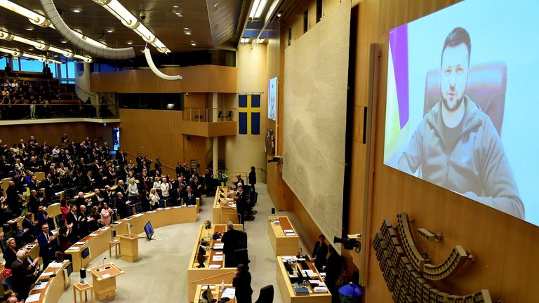 Ukraine's President Volodymyr Zelenskyy addresses the Swedish parliament via videolink, as Russia's invasion of Ukraine continues, in Stockholm, Sweden 