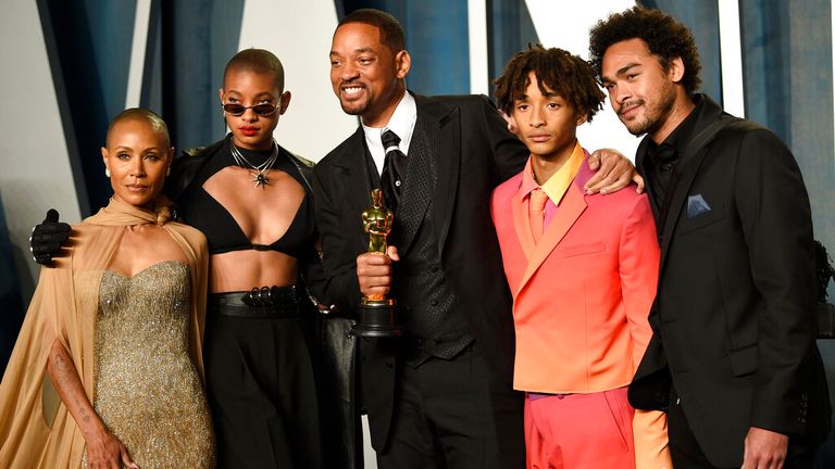 Jada Pinkett Smith, from left, Willow Smith, Will Smith, Jaden Smith and Trey Smith at the Vanity Fair Oscar party. Pic: Evan Agostini/Invision/AP
