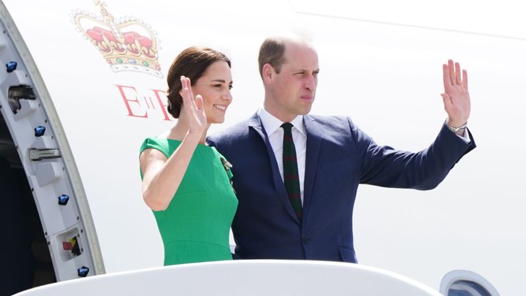 The Duke and Duchess of Cambridge wave on the steps of the plane as they depart Norman Manley International Airport, in Jamaica, to head to the Bahamas on day six of their tour of the Caribbean on behalf of the Queen to mark her Platinum Jubilee. Picture date: Thursday March 24, 2022.