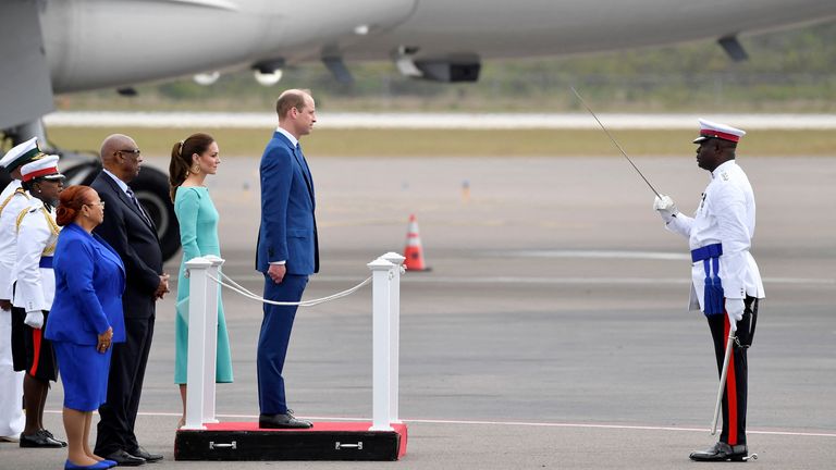The Duke and Duchess of Cambridge arrive at Lynden Pindling International Airport, in Nassau, Bahamas, on day six of their tour of the Caribbean on behalf of the Queen to mark her Platinum Jubilee. Picture date: Thursday March 24, 2022.
