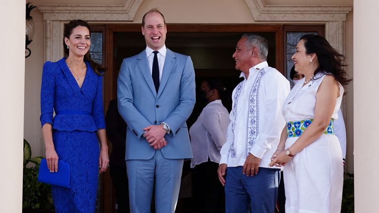 Britain&#39;s Prince William and Catherine, Duchess of Cambridge, meet with Belize&#39;s Prime Minister Johnny Briceno and his wife Rossana, as they begin their tour of the Caribbean on behalf of the Queen to mark her Platinum Jubilee, at the Laing Building, in Belize City, Belize March 19, 2022. Jane Barlow/Pool via REUTERS
