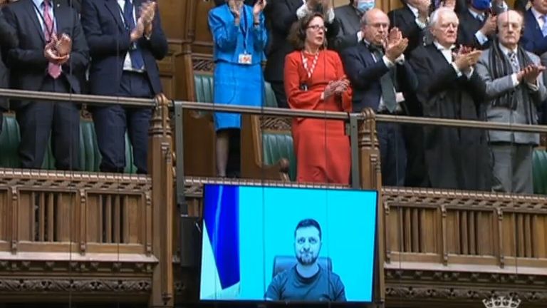 Ambassador of Ukraine to the UK, Vadym Prystaiko (left) and MPs give a standing ovation after Ukrainian President Volodymyr Zelensky addressed MPs in the House of Commons via videolink on the latest situation in Ukraine. Picture date: Tuesday March 8, 2022.