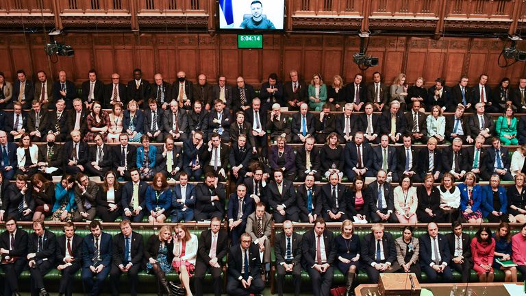 Some MPs became emotional during Mr Zelenskyy&#39;s speech. Pic: UK Parliament/Jessica Taylor