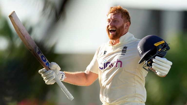 England's Jonny Bairstow celebrates after his century against West Indies (AP)
