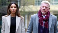 Former tennis player Boris Becker arrives with his partner Lilian de Carvalho Monteiro at Southwark Crown Court for his bankruptcy offences trial in London, Britain, April 8, 2022. REUTERS/Peter Cziborra
