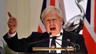 Britain&#39;s Prime Minister Boris Johnson speaks during a joint press briefing with his Indian counterpart Narendra Modi at Hyderabad House in New Delhi, Friday, April 22, 2022. (Ben Stansall/Pool Photo via AP)
PIC:AP

