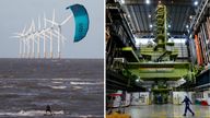 A kitesurfer rides the waves in front of the Burbo Bank offshore wind farm near Wallasey, Britain, and An employee walks through the charge hall inside EDF Energy's Hinkley Point B nuclear power station in Bridgwater, southwest England