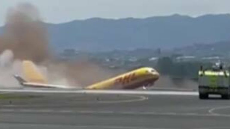 A DHL cargo jet split in two after skidding off the runway during an emergency landing in Costa Rica.