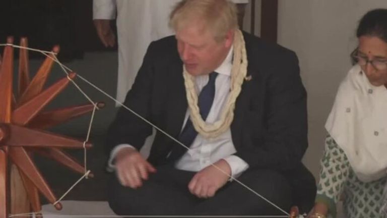 As a part of his trip to India, prime minister Boris Johnson, visited the site which was home to Indian independence leader Mahatma Gandhi where he was shown how to spin cloth. 