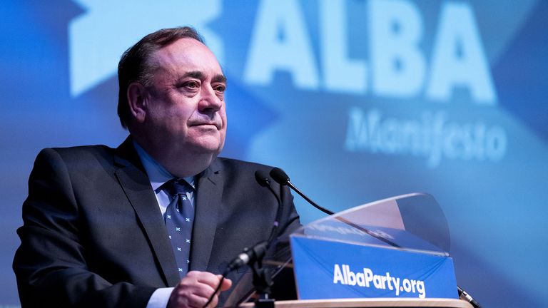 Alba leader Alex Salmond delivers a speech at the party&#39;s local government election manifesto launch at the Caird Hall, Dundee. Picture date: Tuesday April 19, 2022.