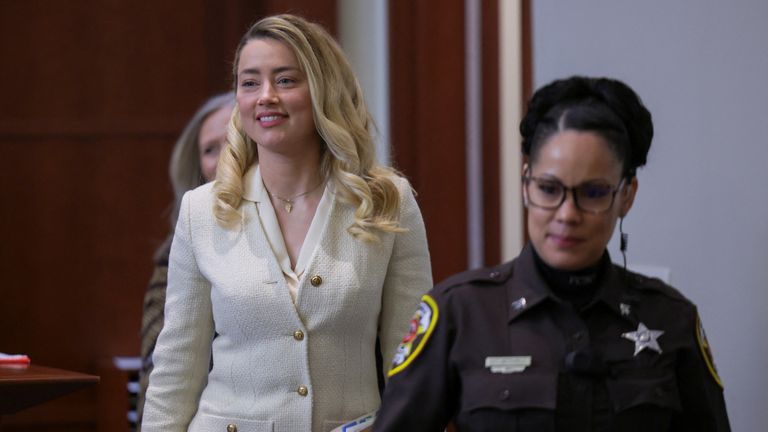 Actor Amber Heard arrives at the courtroom for the Johnny Depp's defamation trial against her at the Fairfax County Circuit Courthouse in Fairfax, Virginia, U.S., April 20, 2022. REUTERS/Evelyn Hockstein/Pool  