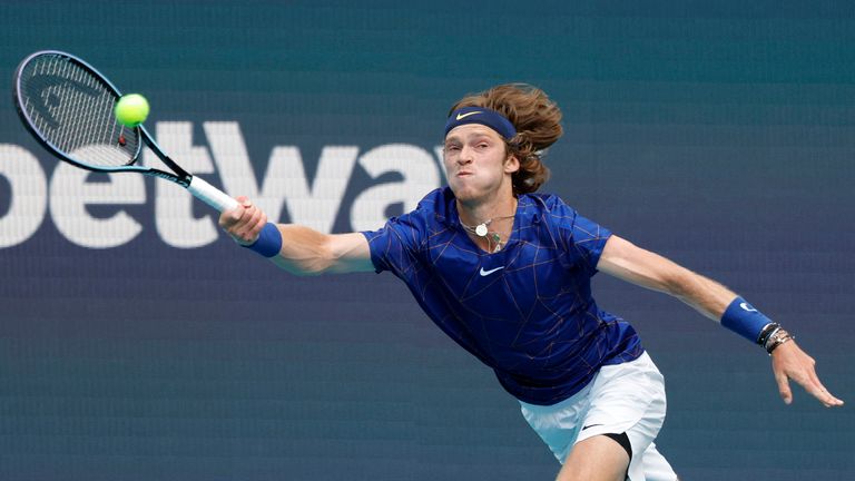 Mar 25, 2022; Miami Gardens, FL, USA; Andrey Rublev hits a forehand against Nick Krygios (AUS) (not pictured) in a second round men&#39;s match in the Miami Open at Hard Rock Stadium. Mandatory Credit: Geoff Burke-USA TODAY Sports