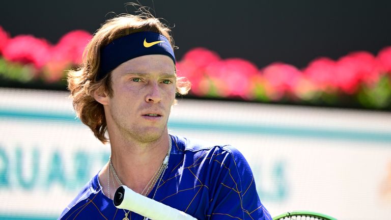 Mar 18, 2022;  Indian Wells, CA, USA;  Andrey Rublev (RUS) looks on during his quarterfinal match defeating Grigor Dimitrov (BUL) during the BNP Paribas Open at the Indian Wells Tennis Garden.  Mandatory Credit: Jayne Kamin-Oncea-USA TODAY Sports