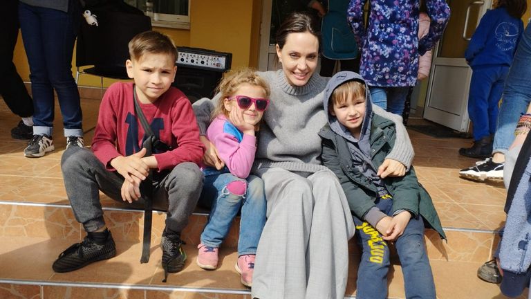 Angelina Jolie spoke to children during her visit. Pic: Maksym Kozytsky 