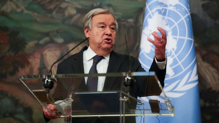UN Secretary-General Antonio Guterres speaks at a news conference after his meeting with Russian Foreign Minister Sergei Lavrov in Moscow, Russia, April 26, 2022. Maxim Shipenkov/Pool via REUTERS
