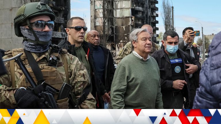 UN Secretary-General Antonio Guterres visits the town of Borodianka, as Russia&#39;s attack on Ukraine continues, outside of Kyiv, Ukraine April 28, 2022. REUTERS/Gleb Garanich