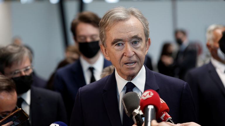 Bernard Arnault, billionaire and chairman of LVMH Moet Hennessy Louis Vuitton SE, speaks at the inauguration of the Atelier Louis Vuitton in Vendome, France, February 22, 2022. REUTERS/Benoit Tessier