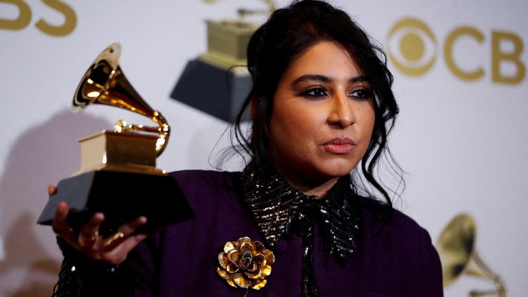Arooj Aftab poses with her Grammy for best global music performance