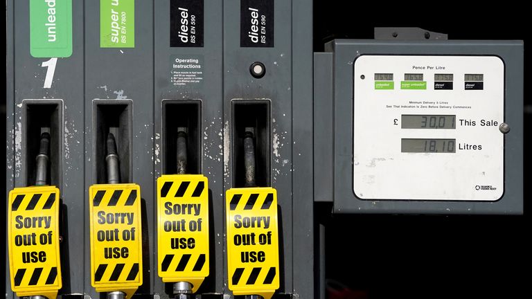 Empty fuel pumps at a fuel station in Ashford, Kent. Picture date: Monday April 11, 2022. Photo credit should read: Gareth Fuller/PA Wire
