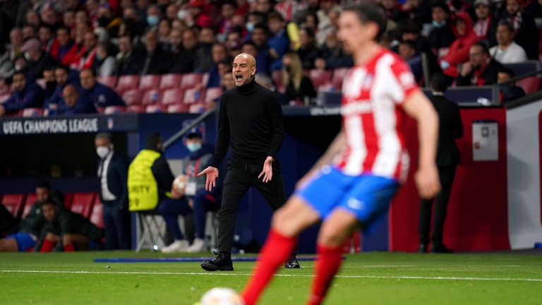 Manchester City manager Pep Guardiola during the UEFA Champions League quarter final, second leg match at the Wanda Metropolitano Stadium, Madrid. Picture date: Wednesday April 13, 2022.