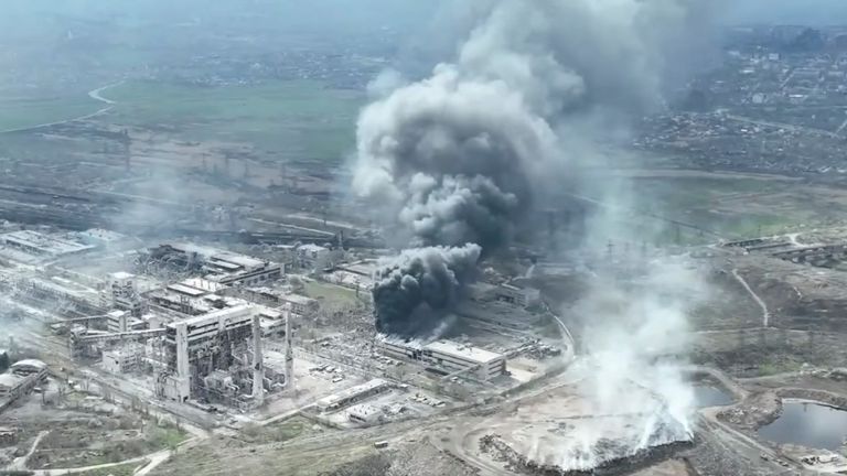 Smoke rises above Azovstal steelworks, in Mariupol, Ukraine, in this still image obtained from a recent drone video posted on social media. MARIUPOL CITY COUNCIL/via REUTERS  THIS IMAGE HAS BEEN SUPPLIED BY A THIRD PARTY. MANDATORY CREDIT. NO RESALES. NO ARCHIVES.