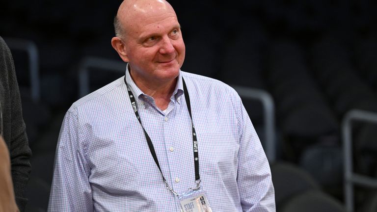 Feb 25, 2022; Los Angeles Clippers owner Steve Ballmer looks on as players warm up before the game against the Los Angeles Lakers. Pic: Jayne Kamin-Oncea-USA TODAY Sports