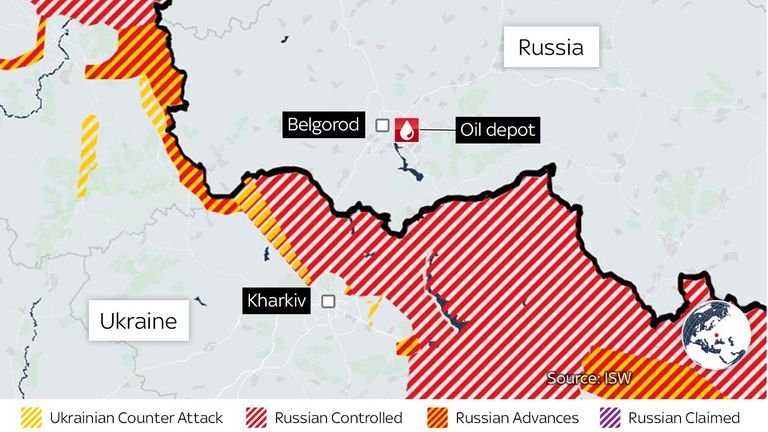 The oil depot is located in Belgorod, which is near the border with Ukraine