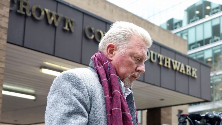 Former tennis player Boris Becker leaves after his bankruptcy offences trial at Southwark Crown Court in London, Britain, April 8, 2022. REUTERS/Peter Cziborra
