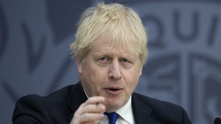 Boris Johnson delivers a speech to members of the armed services and the Maritime and Coastguard Agency at Lydd airport in Kent