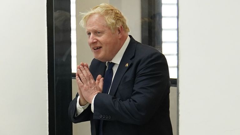 Boris Johnson arrives for a visit to Gujarat Biotechnology University, as part of his two day trip to India