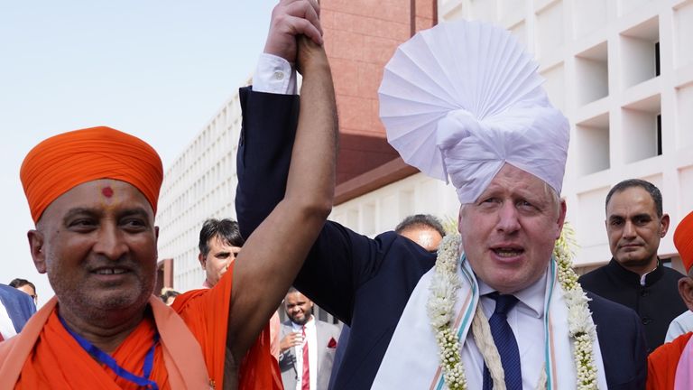 Prime Minister Boris Johnson is dressed in a turban during a visit to Gujarat Biotechnology University, in Gandhinagar, Gujarat, as part of his two day trip to India. Picture date: Thursday April 21, 2022.