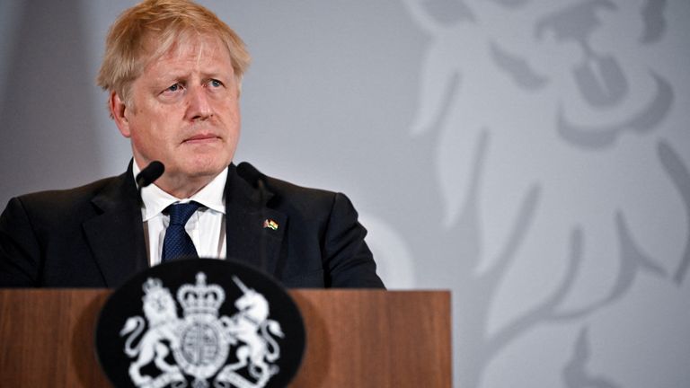 British Prime Minister Boris Johnson gestures as he speaks during a news conference in New Delhi, India, April 22, 2022. Ben Stansall/Pool via REUTERS

