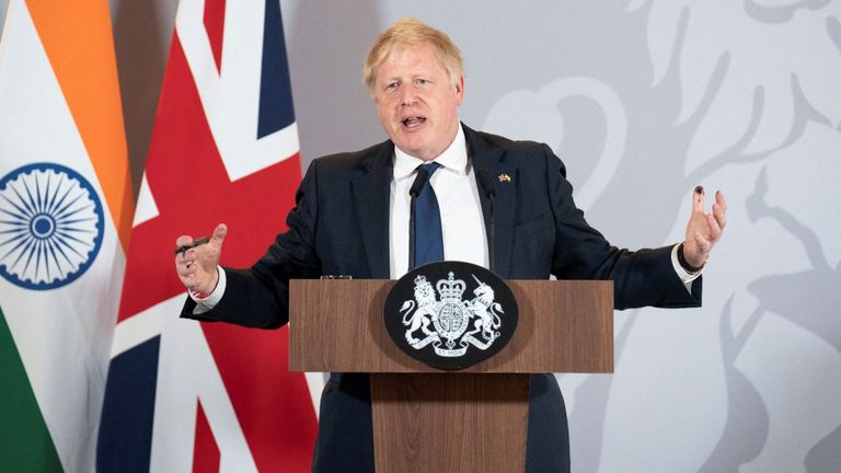 British Prime Minister Boris Johnson speaks during a news conference in New Delhi, India, April 22, 2022. Ben Stansall/Pool via REUTERS
