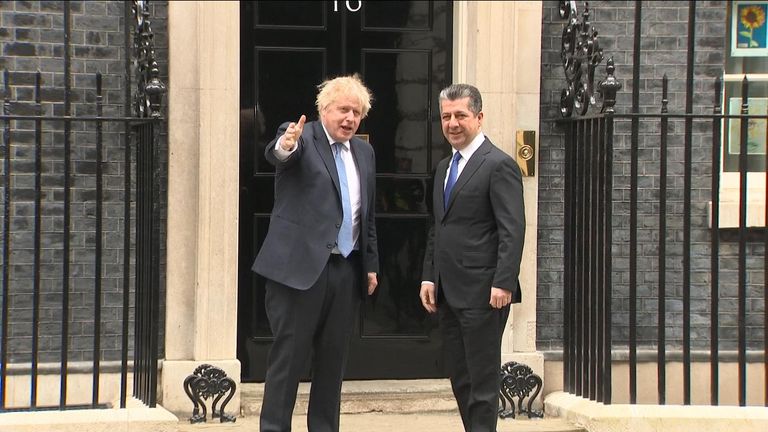 Boris Johnson greets Masrour Barzani in Downing Street