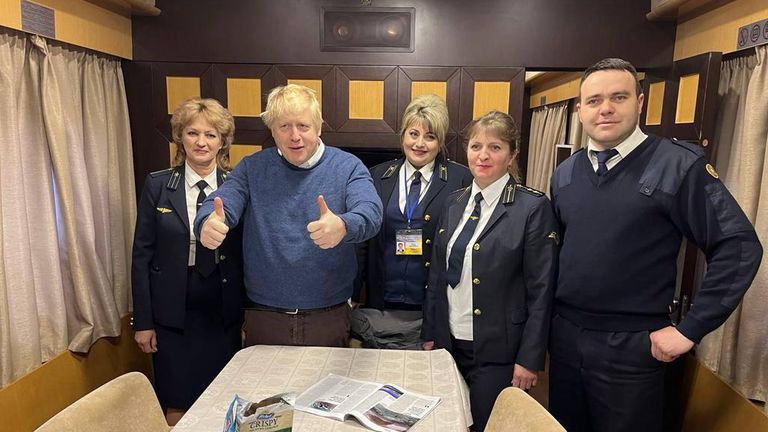 Boris Johnson on Ukrainian train. Pic: Ukrainian railways