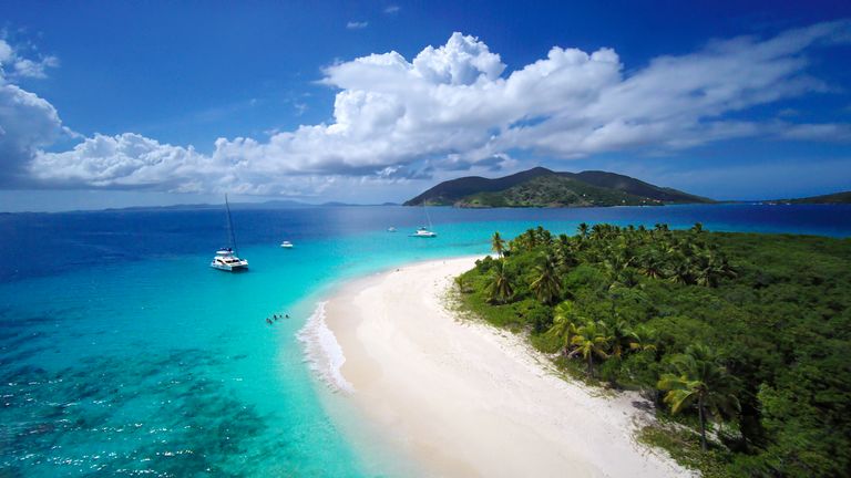 Aerial view of Sandy Cay in the foreground and Jost Van Dyke in the background, British Virgin Islands