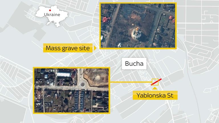 Bucha merkezinin kuzeyinde bir toplu mezar bulunurken, cesetler güneyde bir sokağa saçıldı.  Resim: Maxar