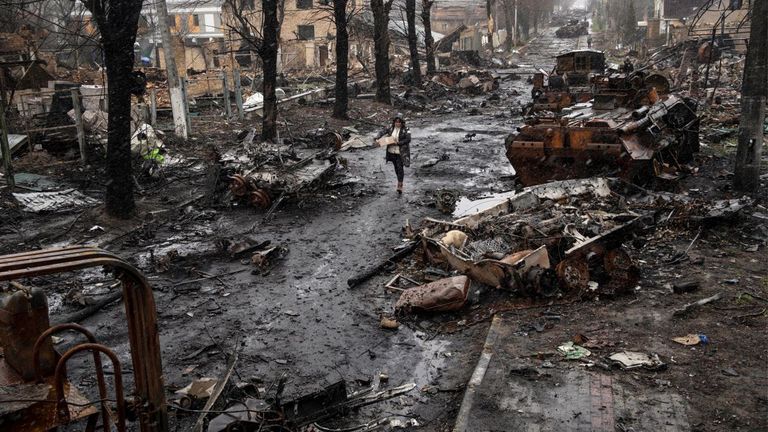 Destroyed Russian tanks in Bucha, near Kyiv.  Pic: AP