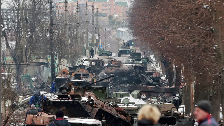 A view shows destroyed military vehicles on a street, as Russia&#39;s invasion of Ukraine continues, in the town of Bucha in the Kyiv region, Ukraine March 1, 2022. Picture taken March 1, 2022. REUTERS/Serhii Nuzhnenko
