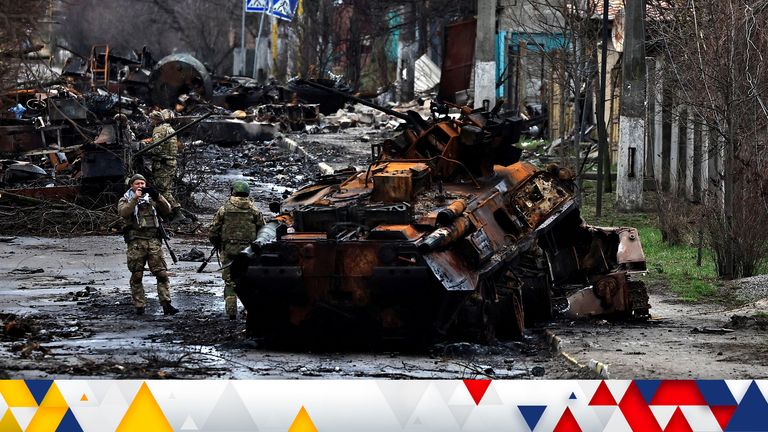 A destroyed Russian tank and armoured vehicles, in Russia&#39;s invasion on Ukraine in Bucha, in Kyiv region, Ukraine April 2, 2022